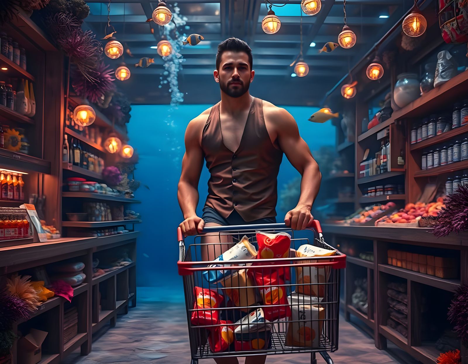 Underwater Grocery Shop with Bodybuilder in Speedo