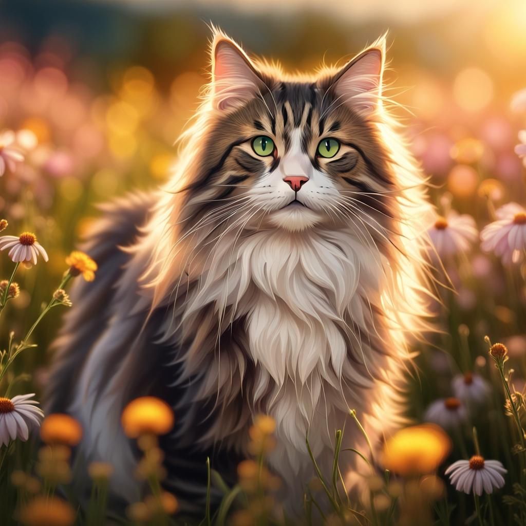 Norwegian Forest Cat in Flower Field at Golden Hour