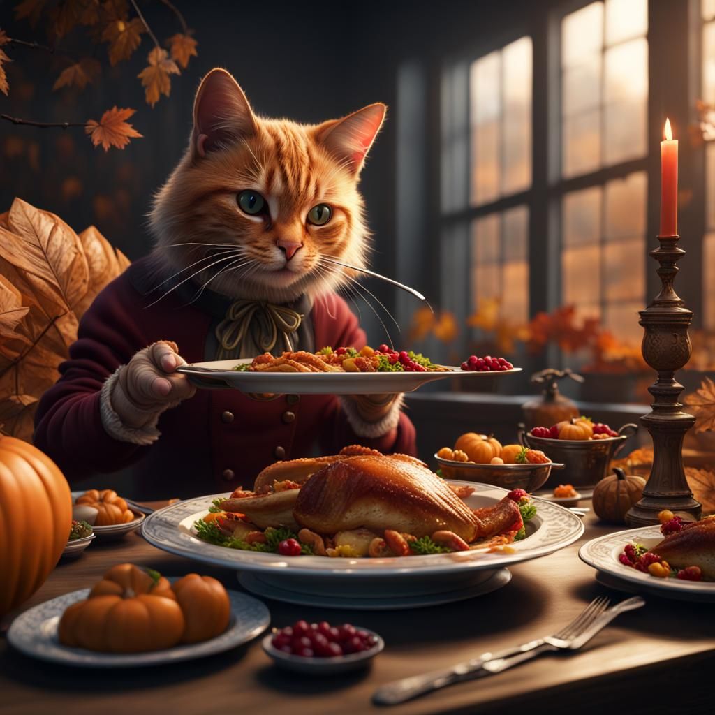 Cat Enjoys Thanksgiving Dinner: Detailed Digital Art
