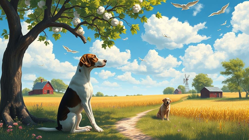 Laika and Newton in Countryside Landscape