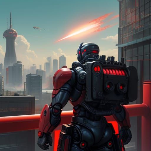 Tiny Red Robot with Nuclear Bombs Over City