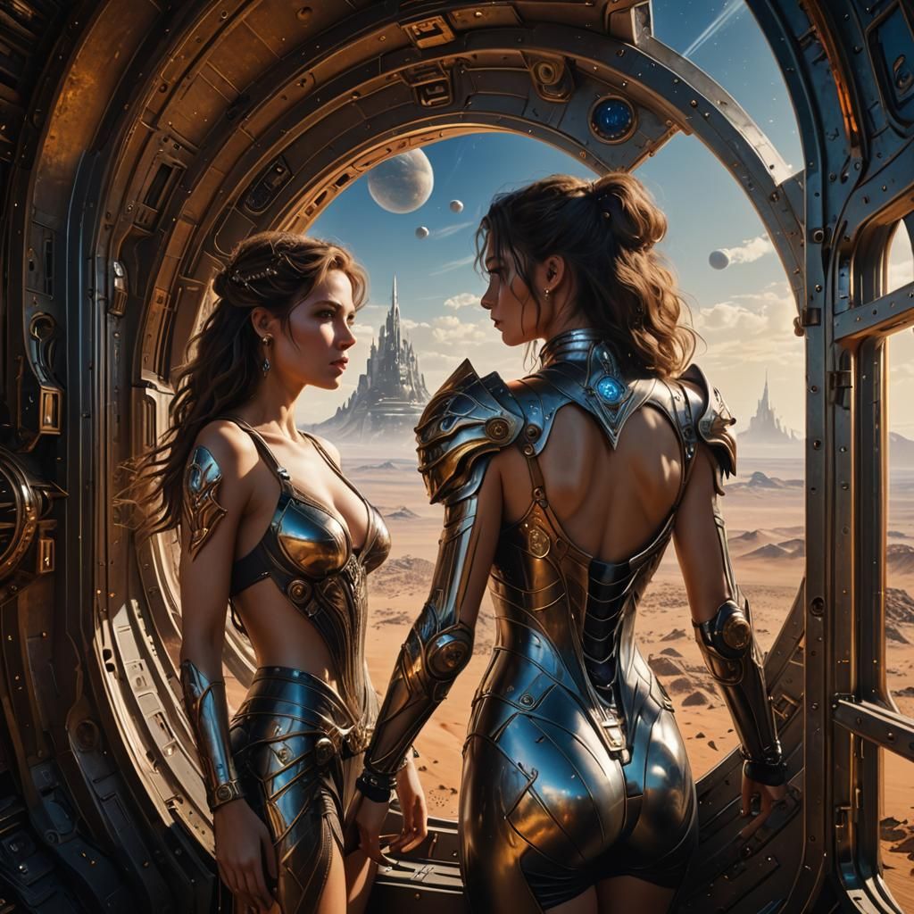 Women Kissing Before Desert Planet, Digital Art