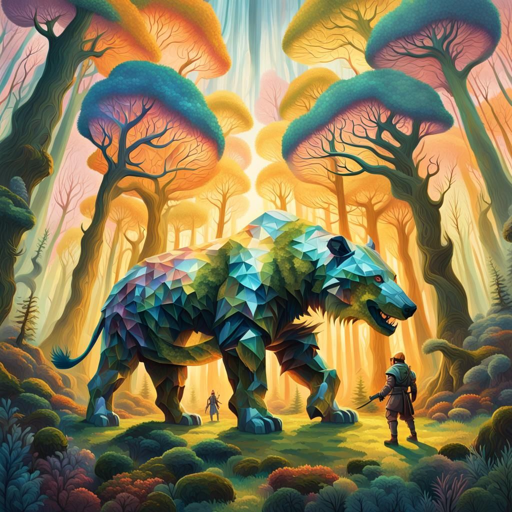 Surreal Battle in Crystalline Forest: Oil Painting