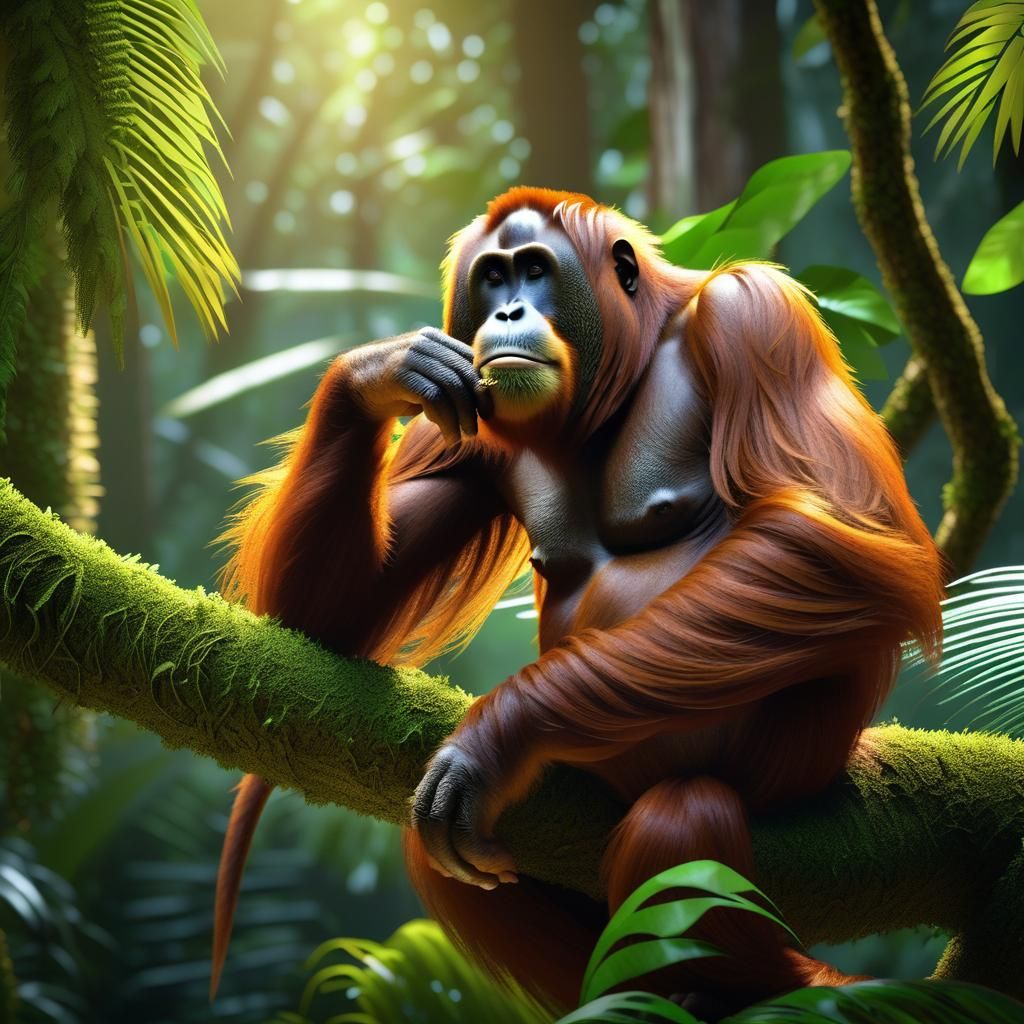 Relaxed Orangutan in Rainforest, Hyperdetailed 8k Resolution