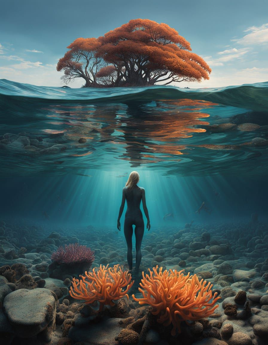 Underwater Lens Split Frame Composition with Contrasting Wor...