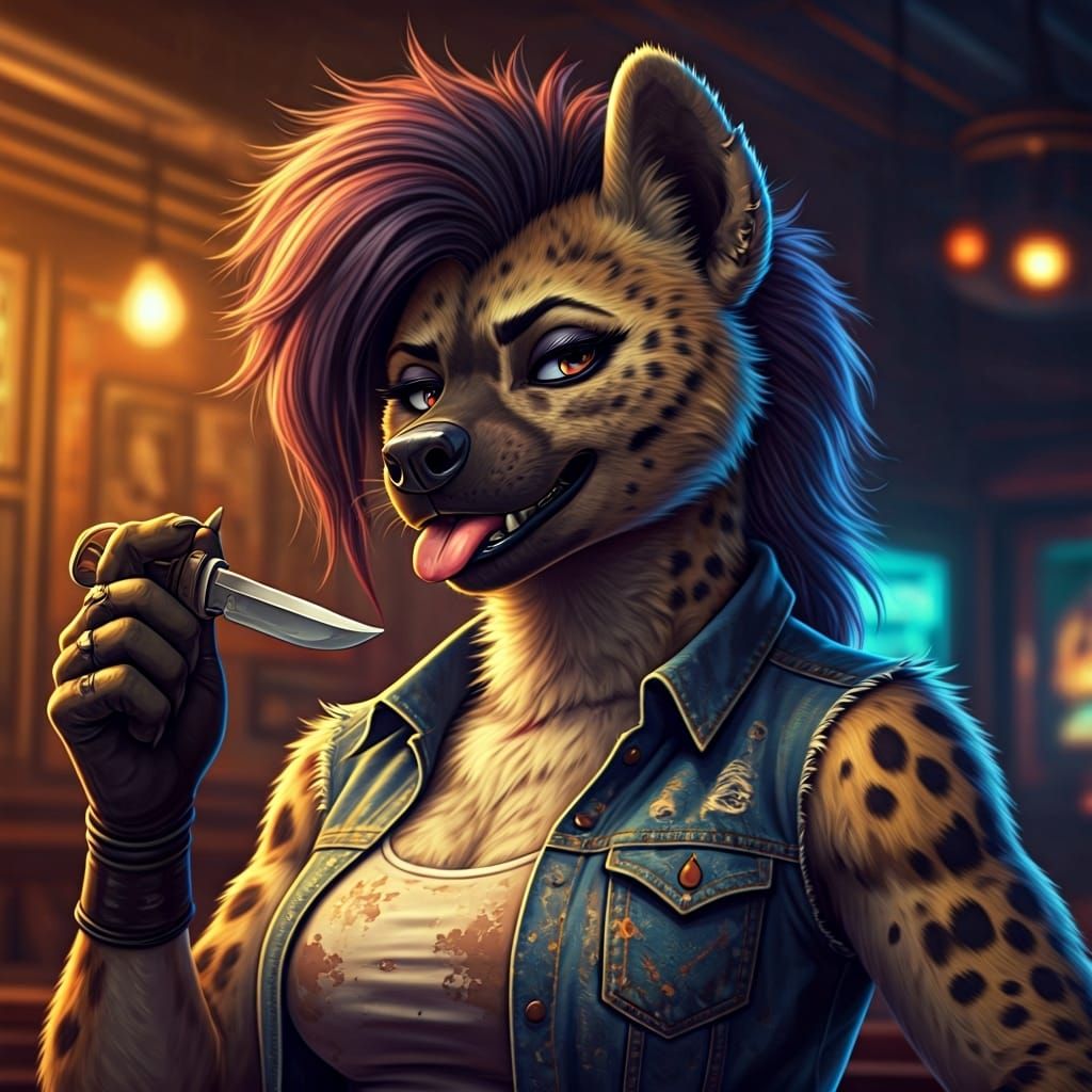 Anthropomorphic Hyena with Switchblade, Photorealistic Art