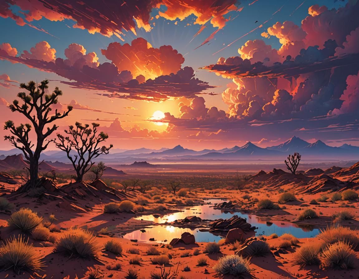 Vibrant Desert Sunset in Hyperrealistic Digital Art