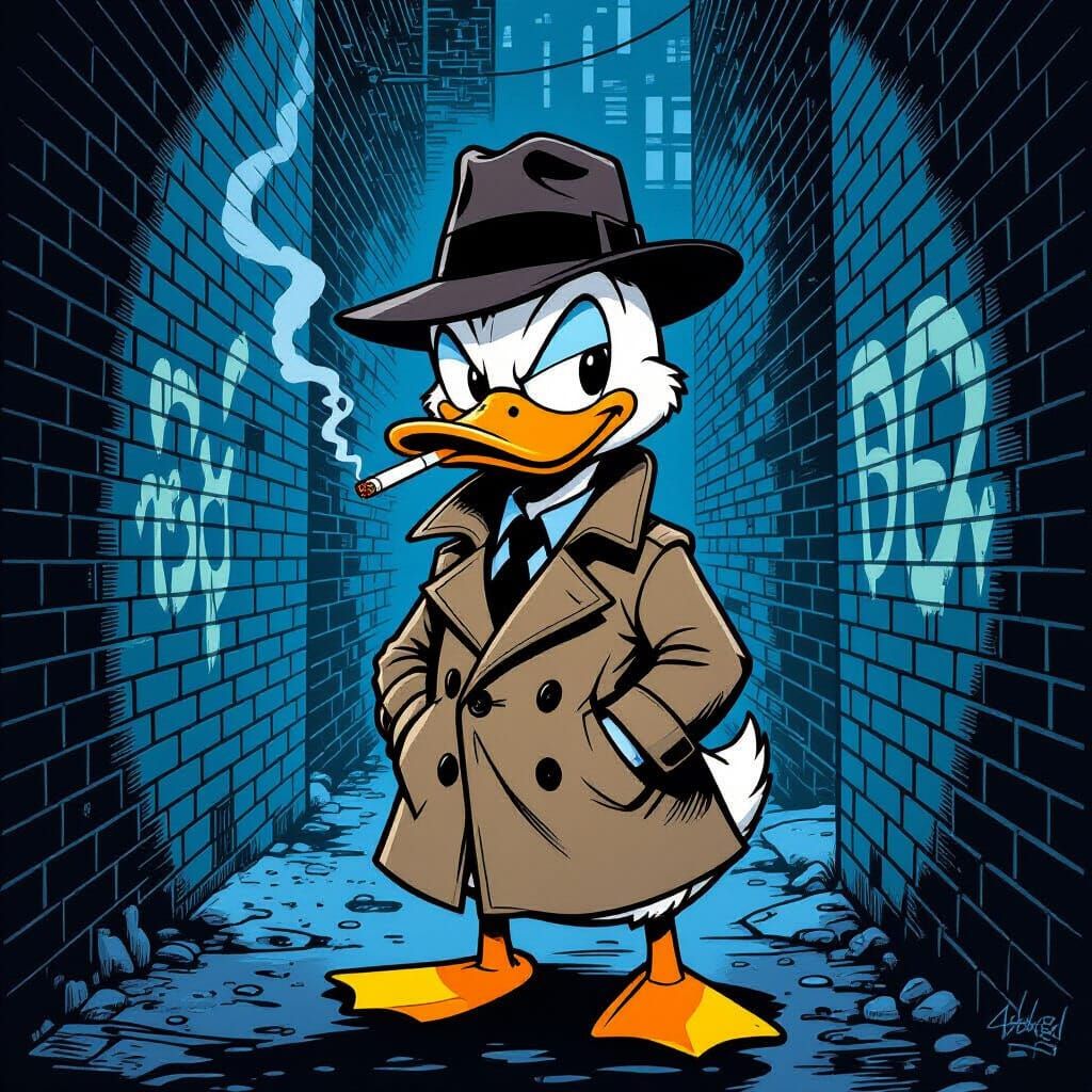 Noir Duck Detective in Gritty Alleyway