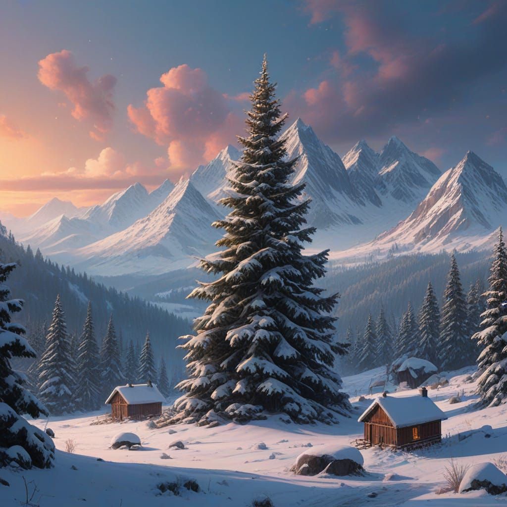 Ethereal Christmas Landscape in Cyberpunk Aesthetic