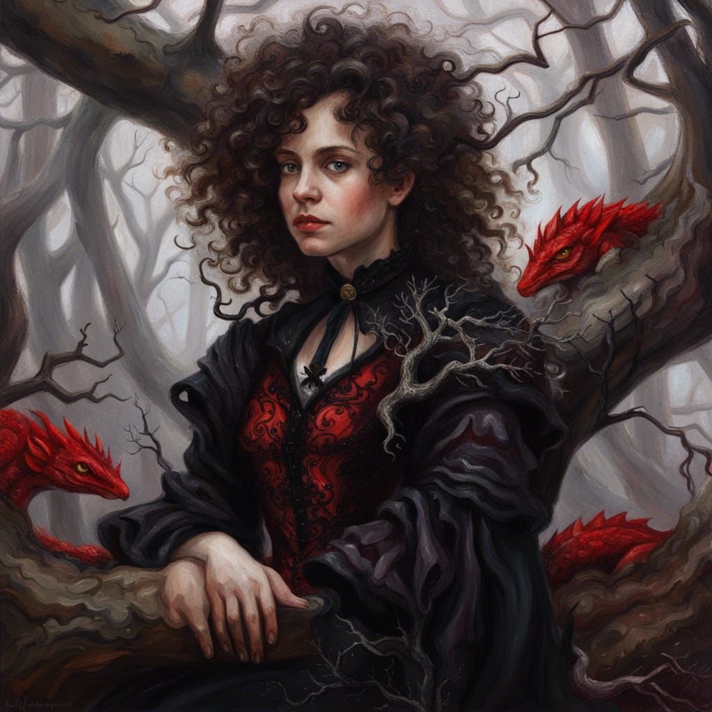 Gothic Woman and Dragon in Forest Oil Painting