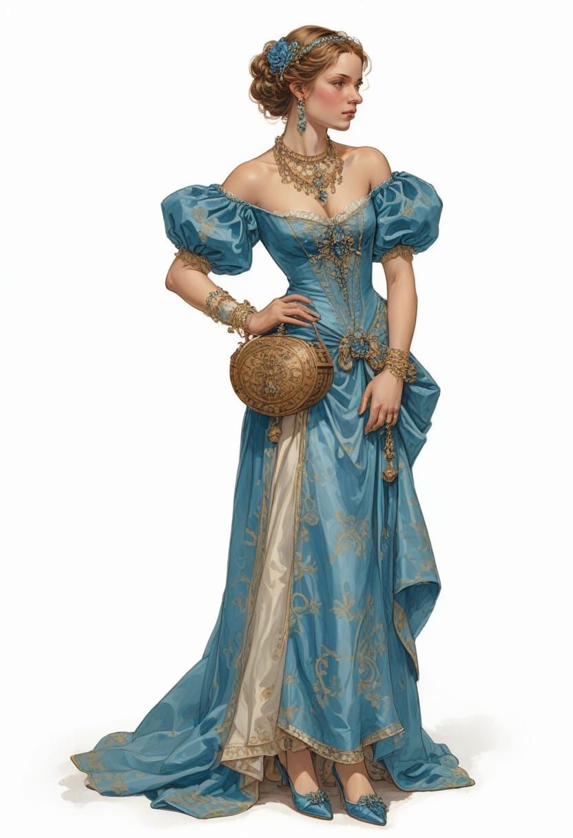 Renaissance Lady in Azure Dress, Fantasy Illustration