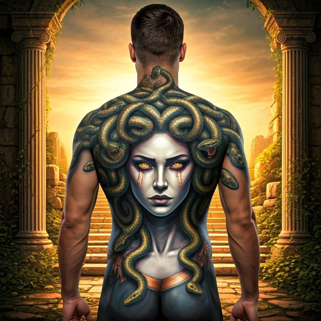 Medusa Body Painting in Dreamlike Digital Art Style