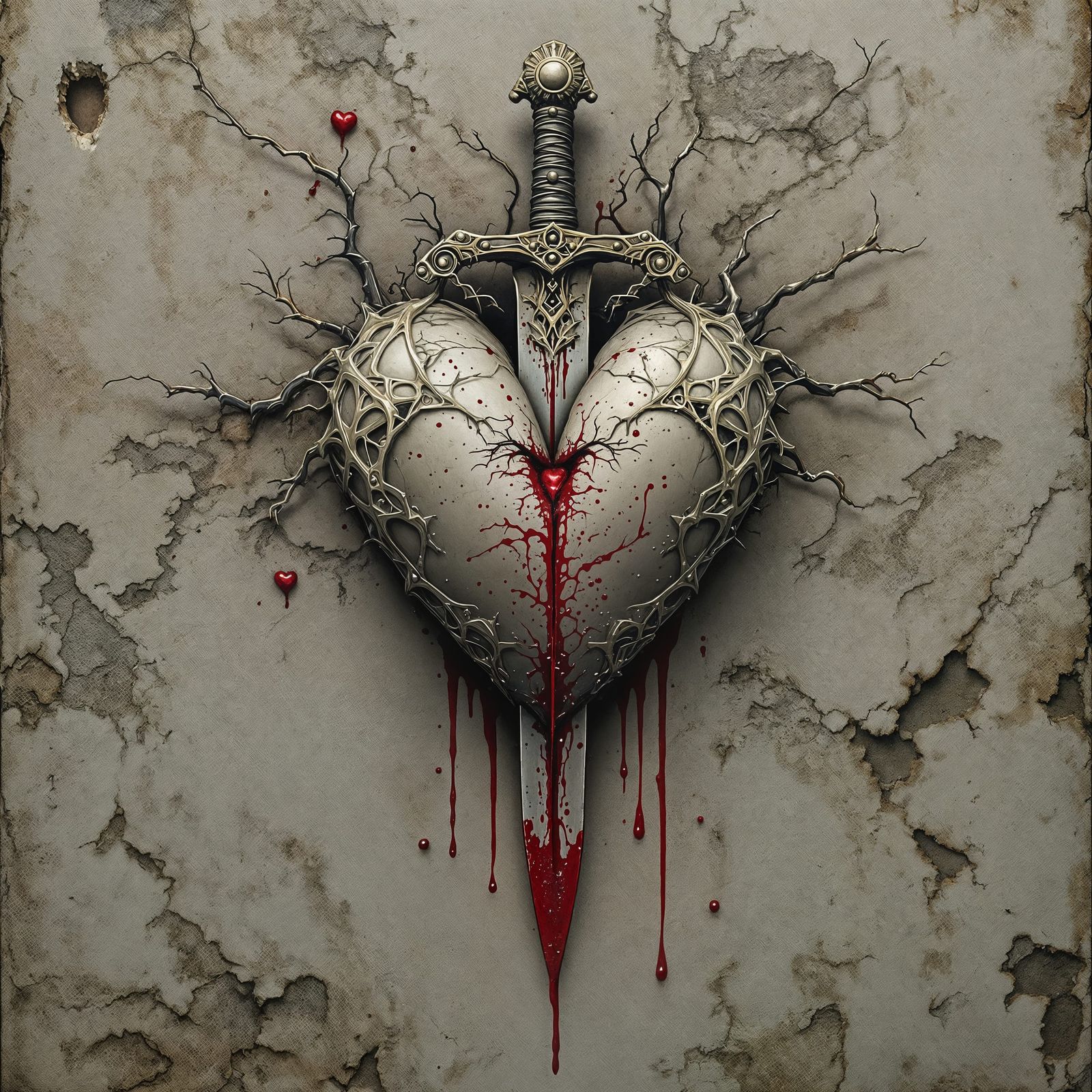 Surreal Heart Pierced by Dagger in Beksiński-Inspired Style