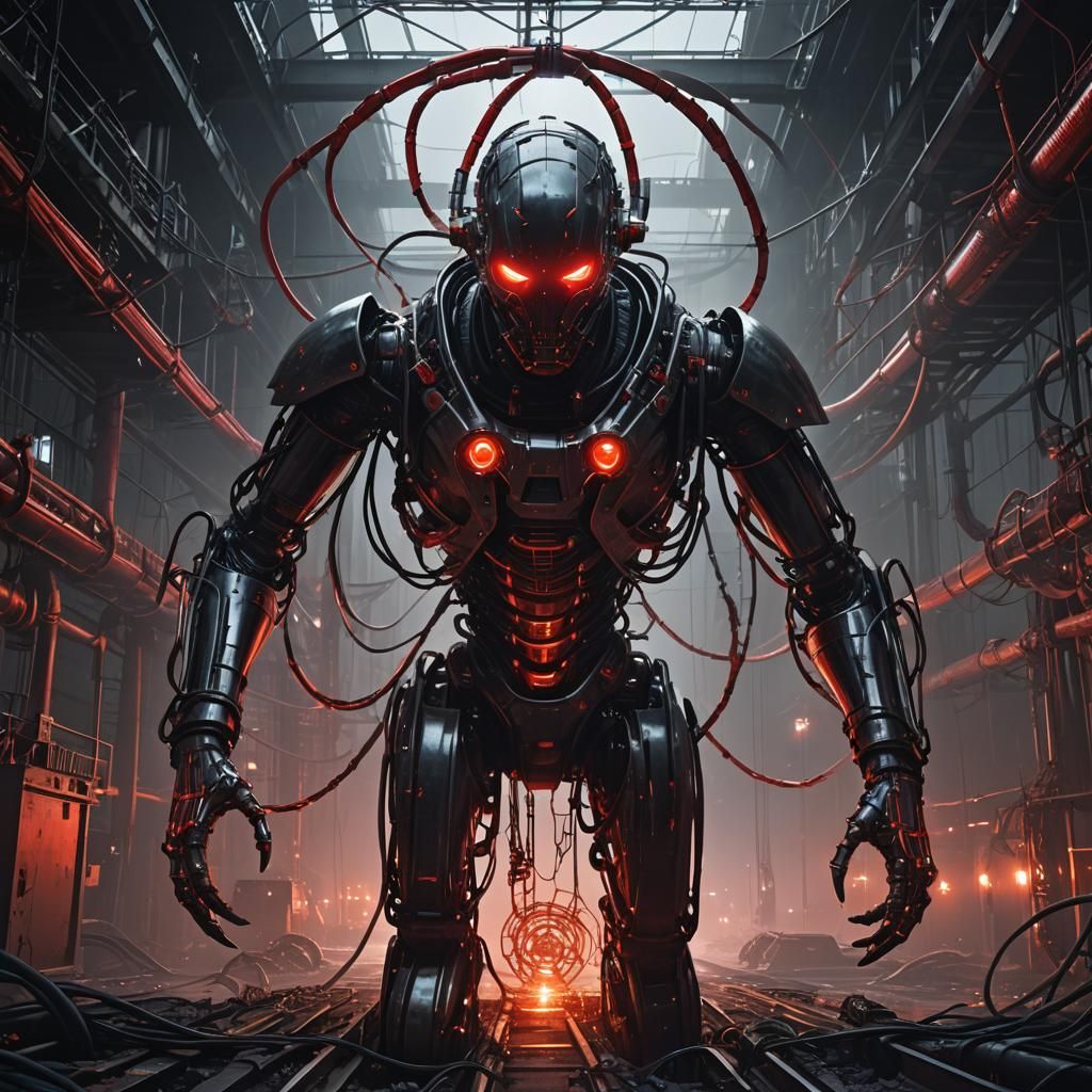 Metallic Humanoid Emerges in Futuristic Industrial Landscape