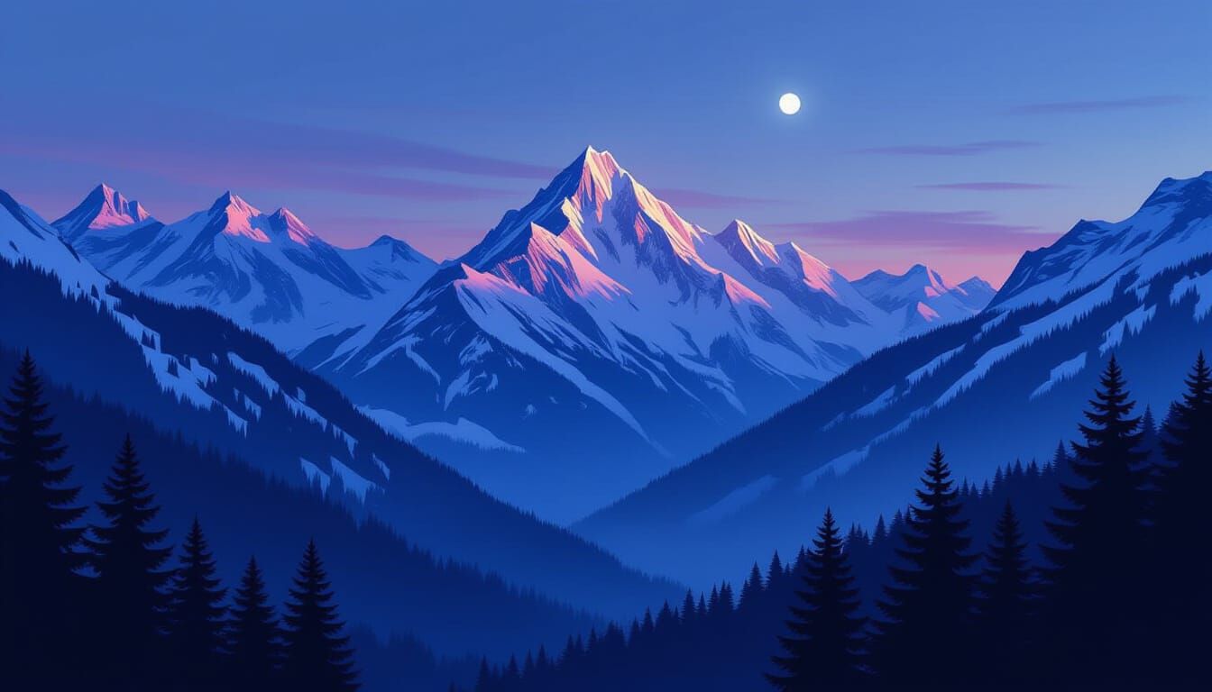 French Alps Twilight Snowscape Digital Matte Painting