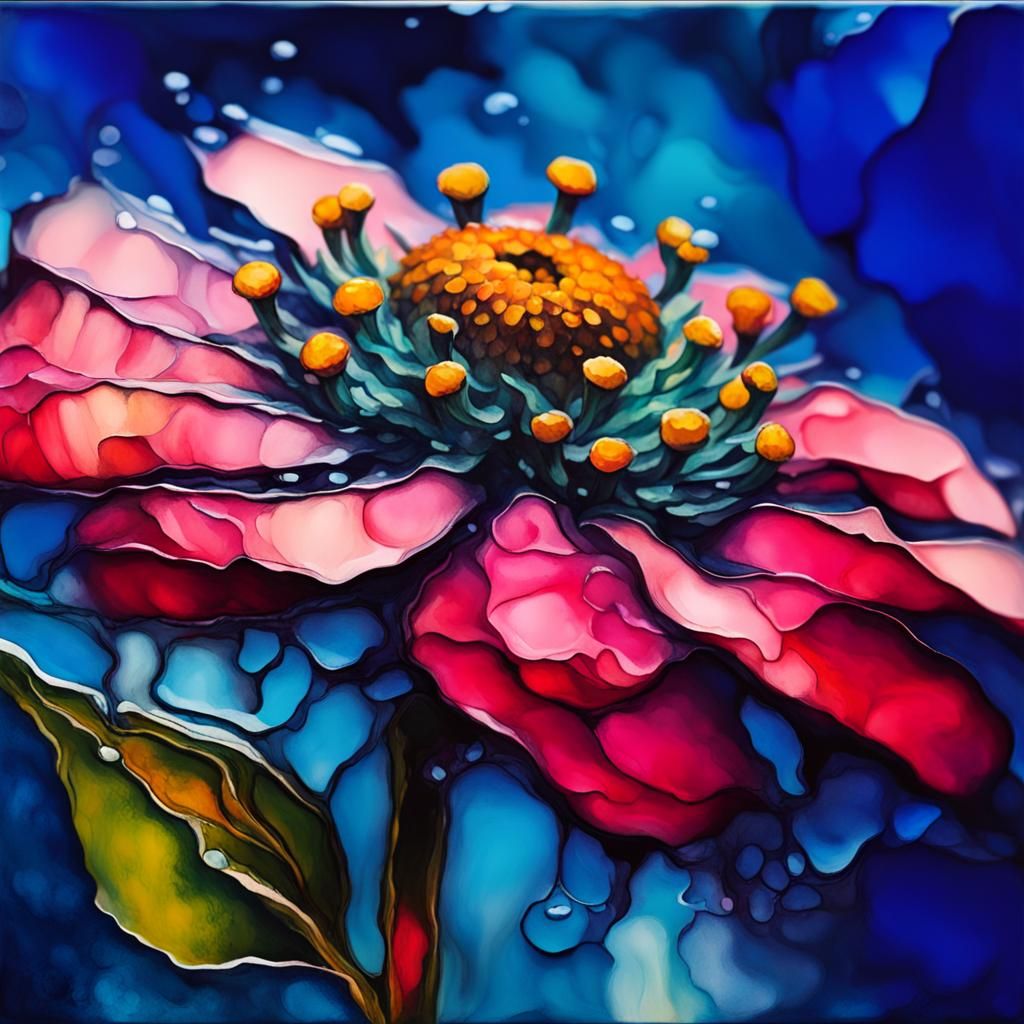 Pink Zinnia in Ice: Neo-Impressionist Oil Painting