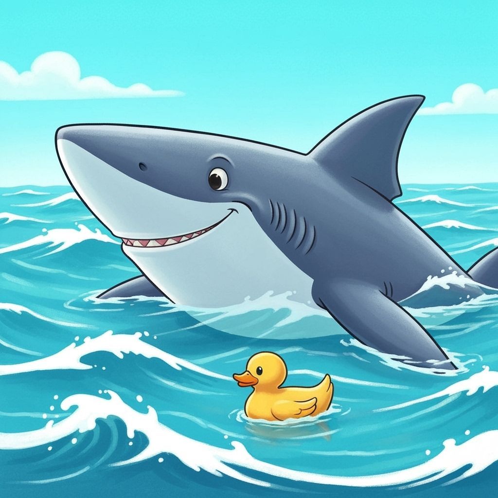 Giant Shark & Rubber Duck Friends in Whimsical Ocean Scene
