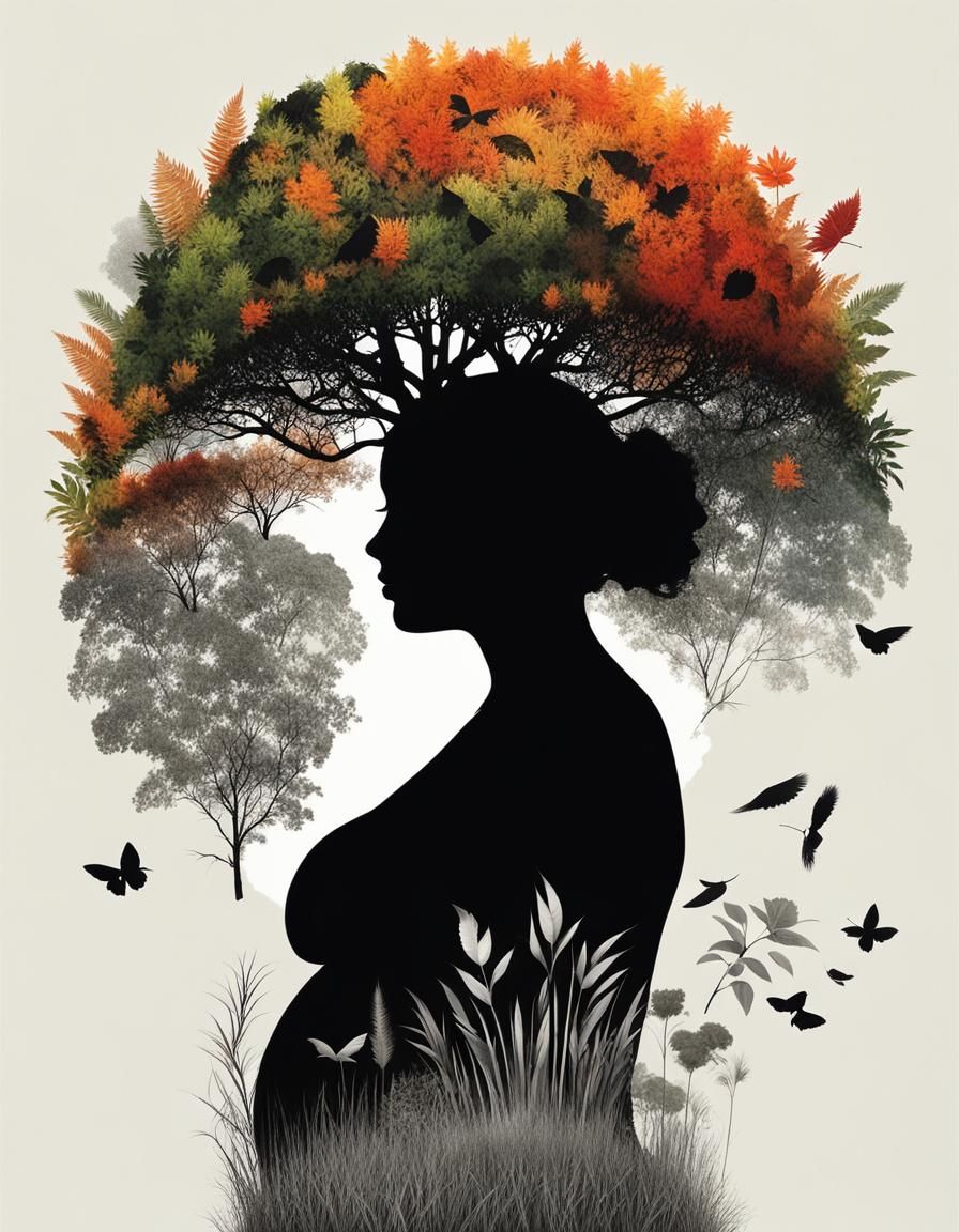 Pregnant Silhouette Filled with Vibrant Nature