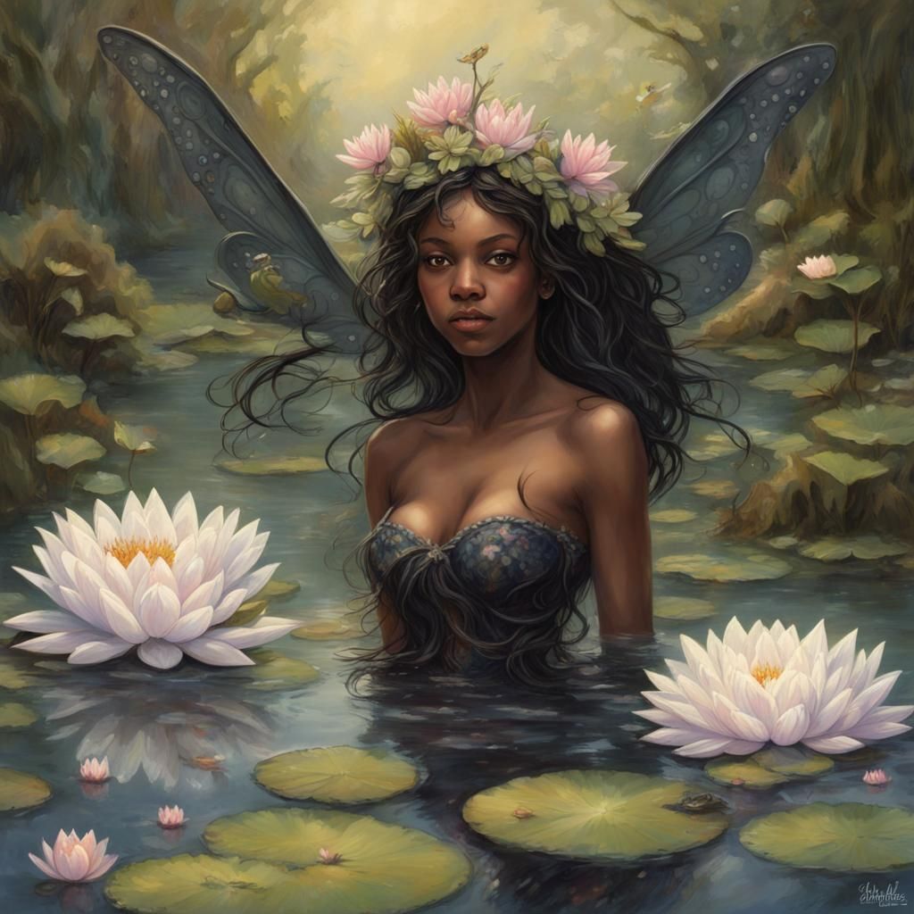 Black Fairy Bathing in Pond, Digital Art
