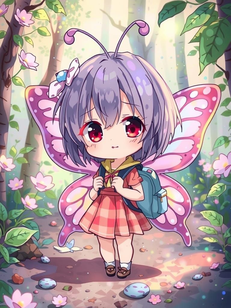 Dreamy Chibi Anime Butterfly Girl in Surreal Forest