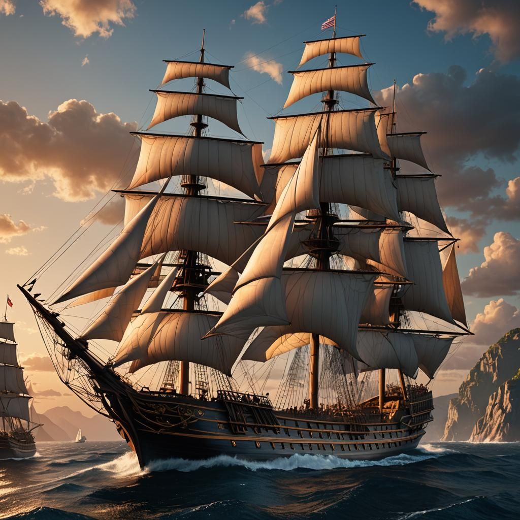 Three-Masted Ship at Sunset: Fantasy Concept Art
