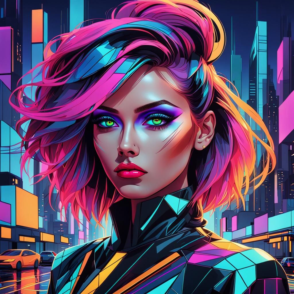 Futuristic Girl Portrait in Neon Bauhaus Style