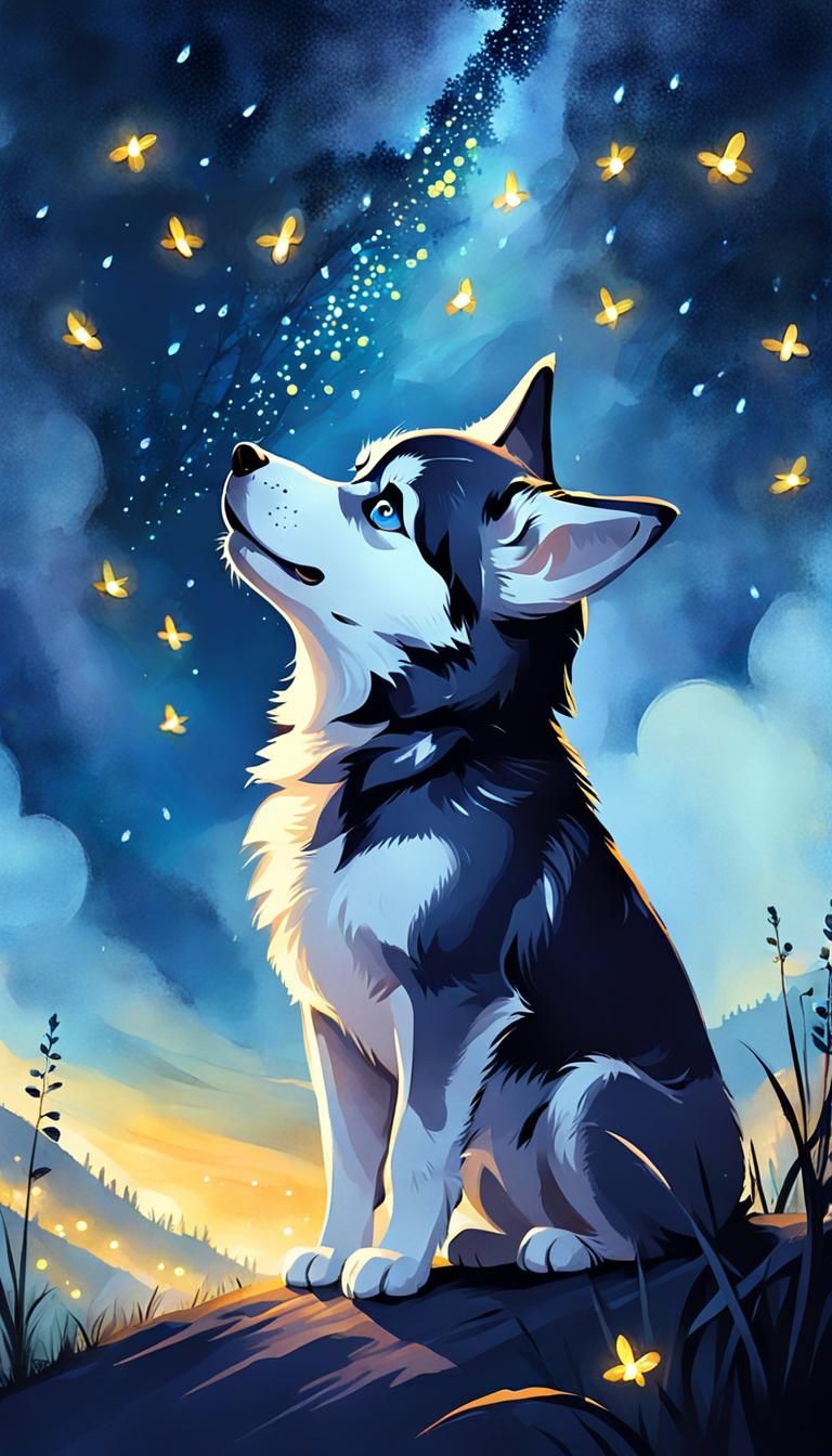 Husky Puppy Gazing at Fireflies in Watercolor