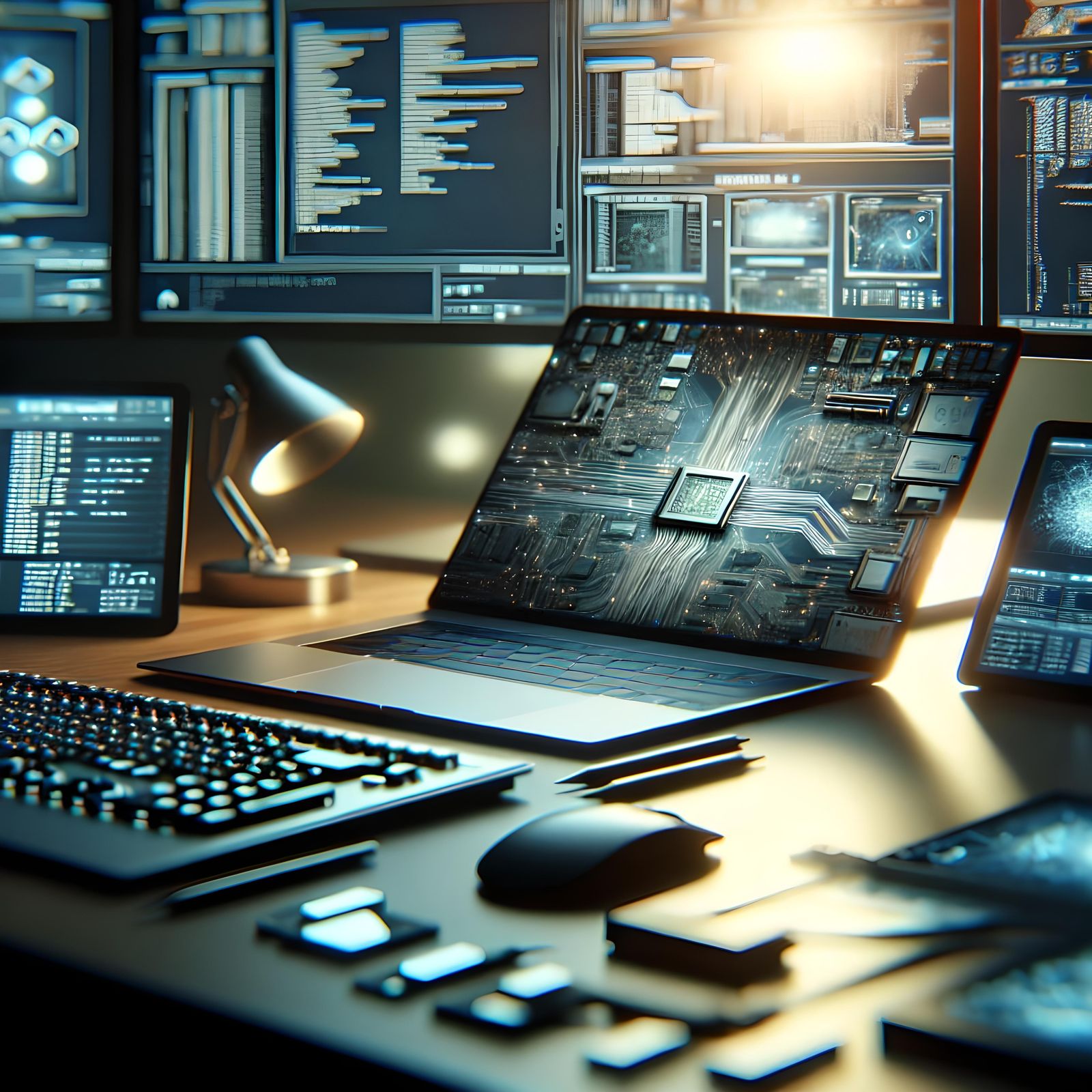 Cyberpunk Digital Forensics Workspace with Glowing Laptop