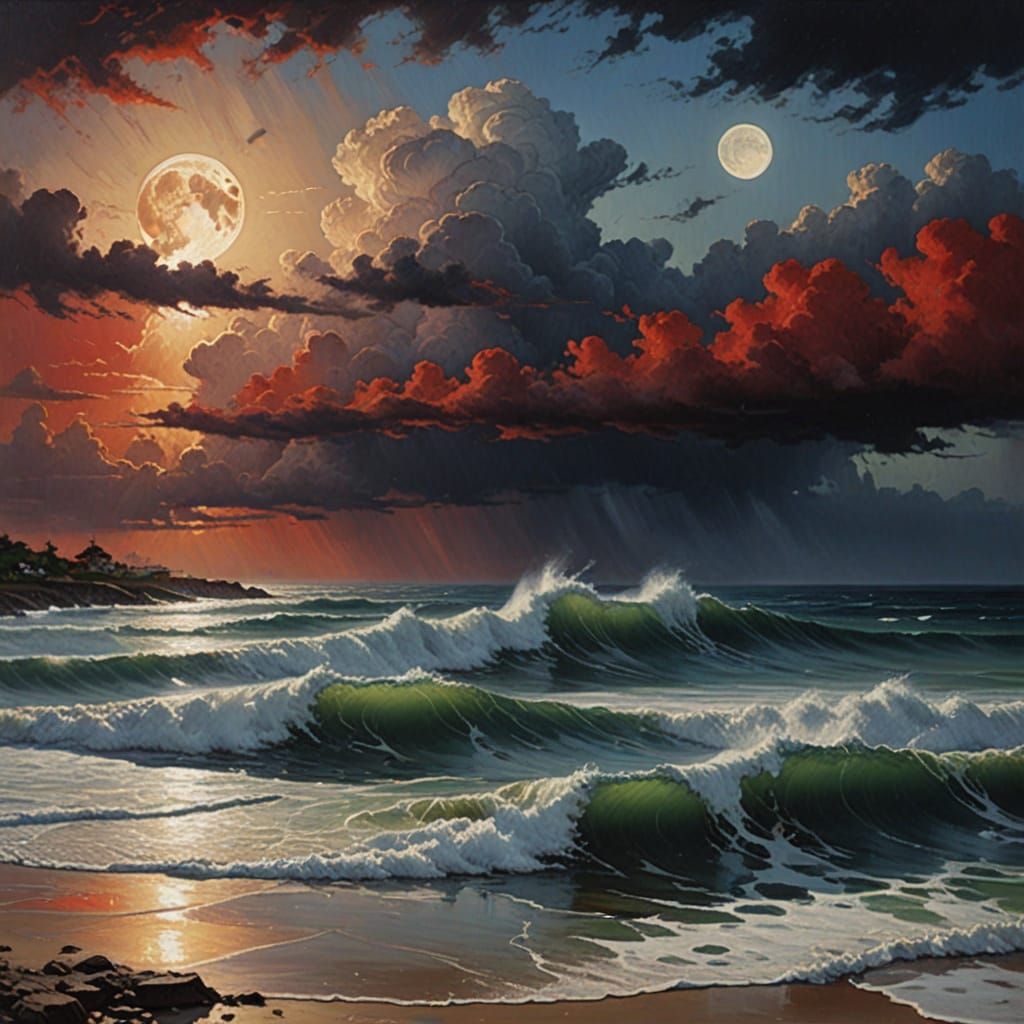 Tsunami Crashing on Shore Under Dramatic Night Sky