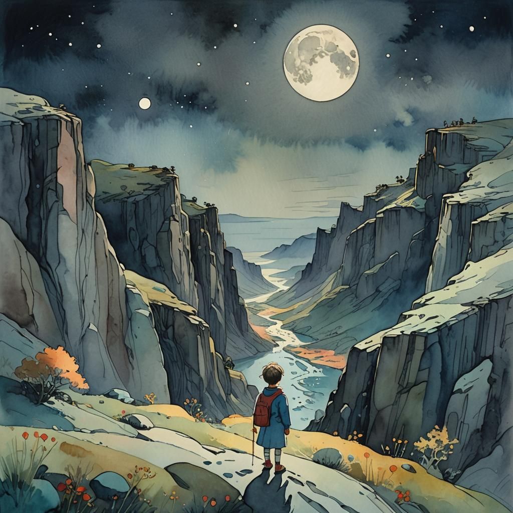 Child Under Giant Moon in Whimsical Watercolor