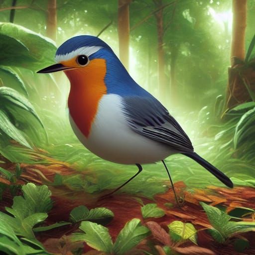 Robin Sings in Forest: Disney-style Vibrant Oil Painting