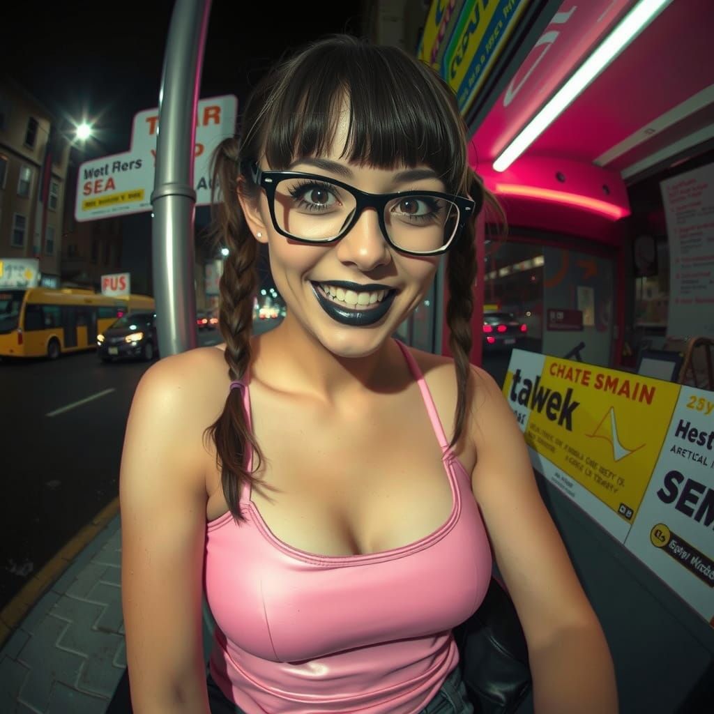 Woman at Bus Stop in Neon Cyberpunk Style