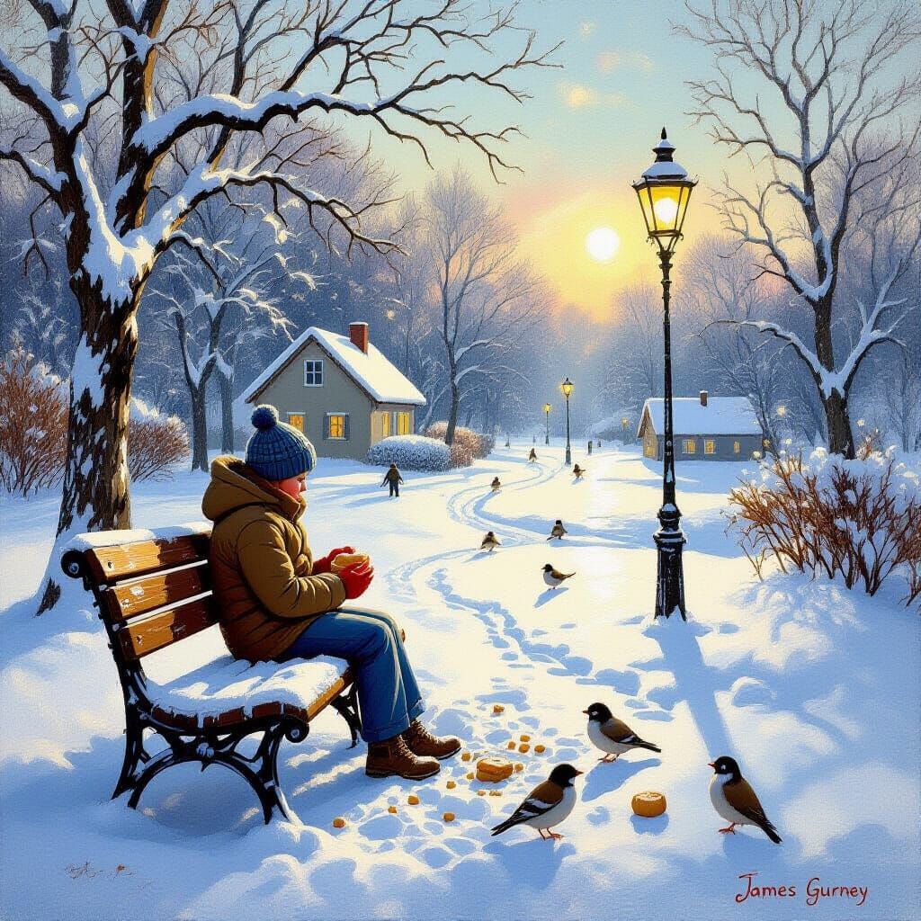 Boy Feeding Sparrows in Winter Park: Oil Painting