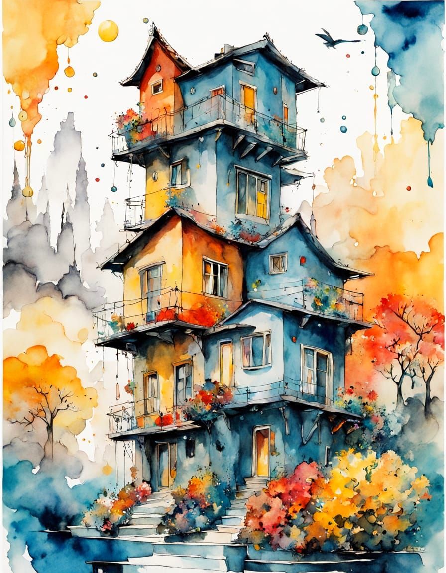 Whimsical Cartoon House in India Ink Doodles