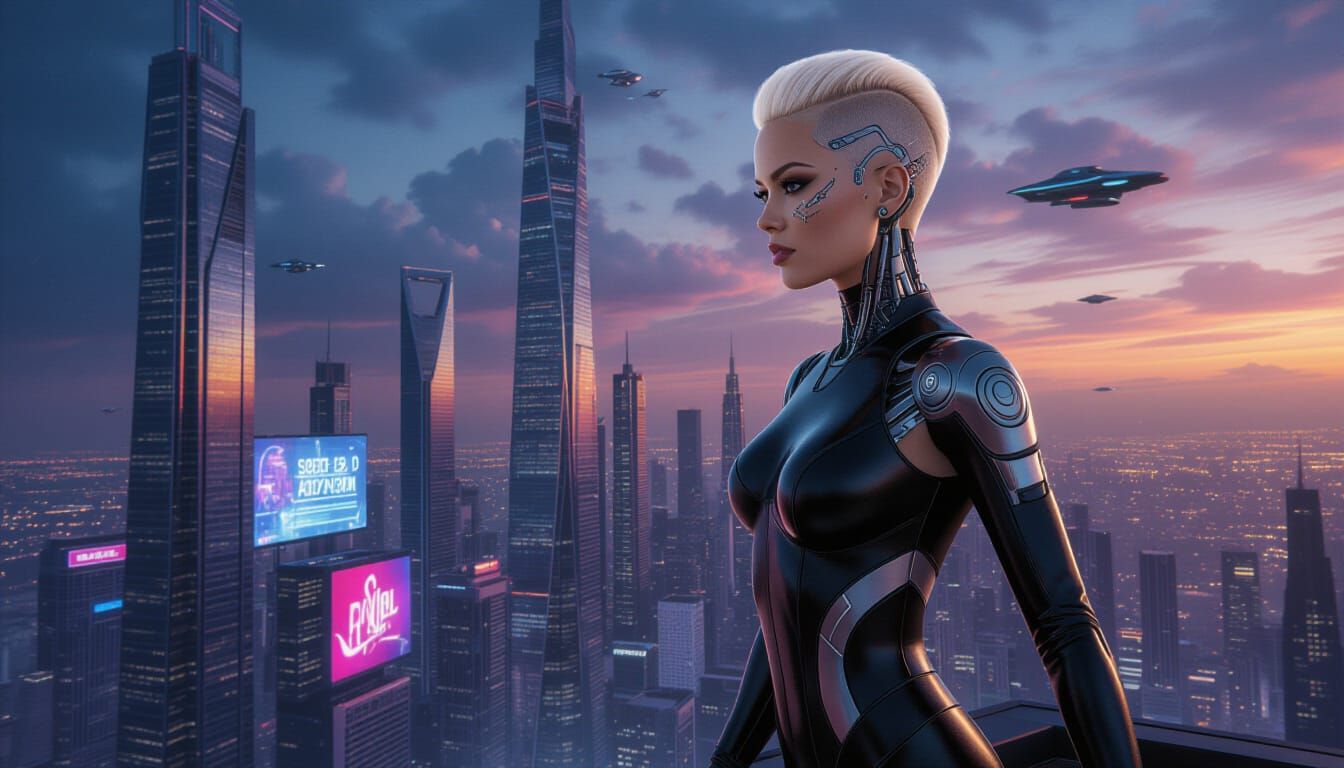 Cyberpunk Woman with Cybernetic Implants in Futuristic Citys...