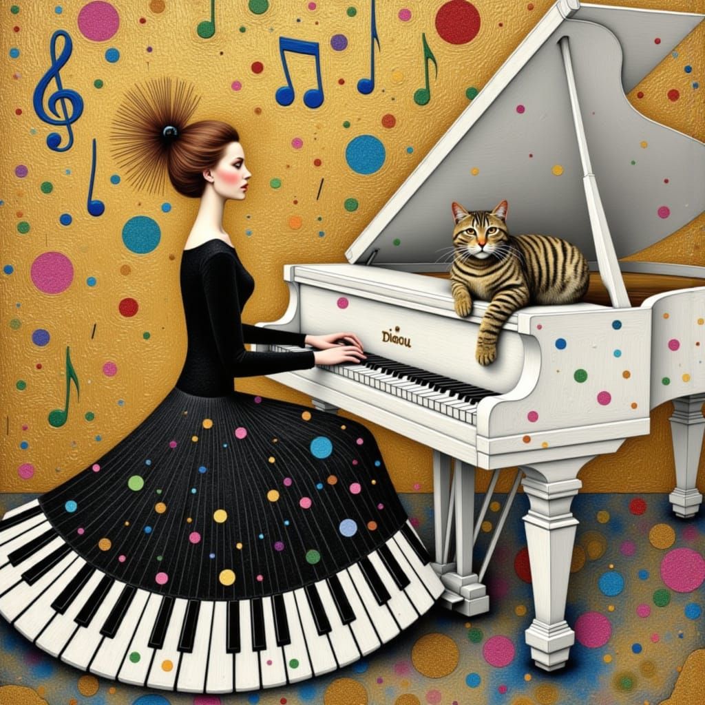Whimsical Oil Painting of Woman at Piano with Cat