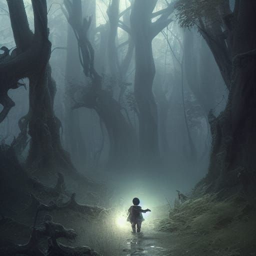 Child in Dark Forest Pursued by Demons