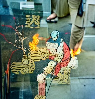 Flaming Man Kneeling: Ukiyo-e Comic Art