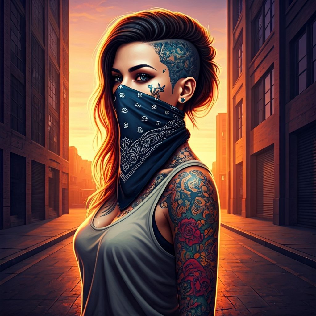 Tattooed Woman in Urban Alley at Sunset