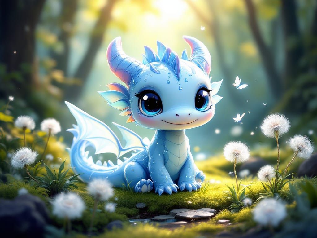 Liquid Chibi Dragon Plays in Lush Forest Clearing