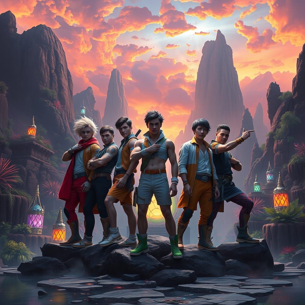 Epic Heroic Figures in Vibrant, Dreamlike Landscape