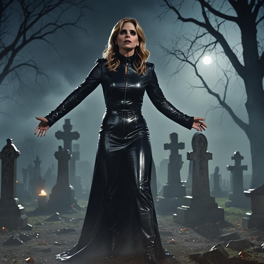Evil Vampire Buffy in Spooky Graveyard