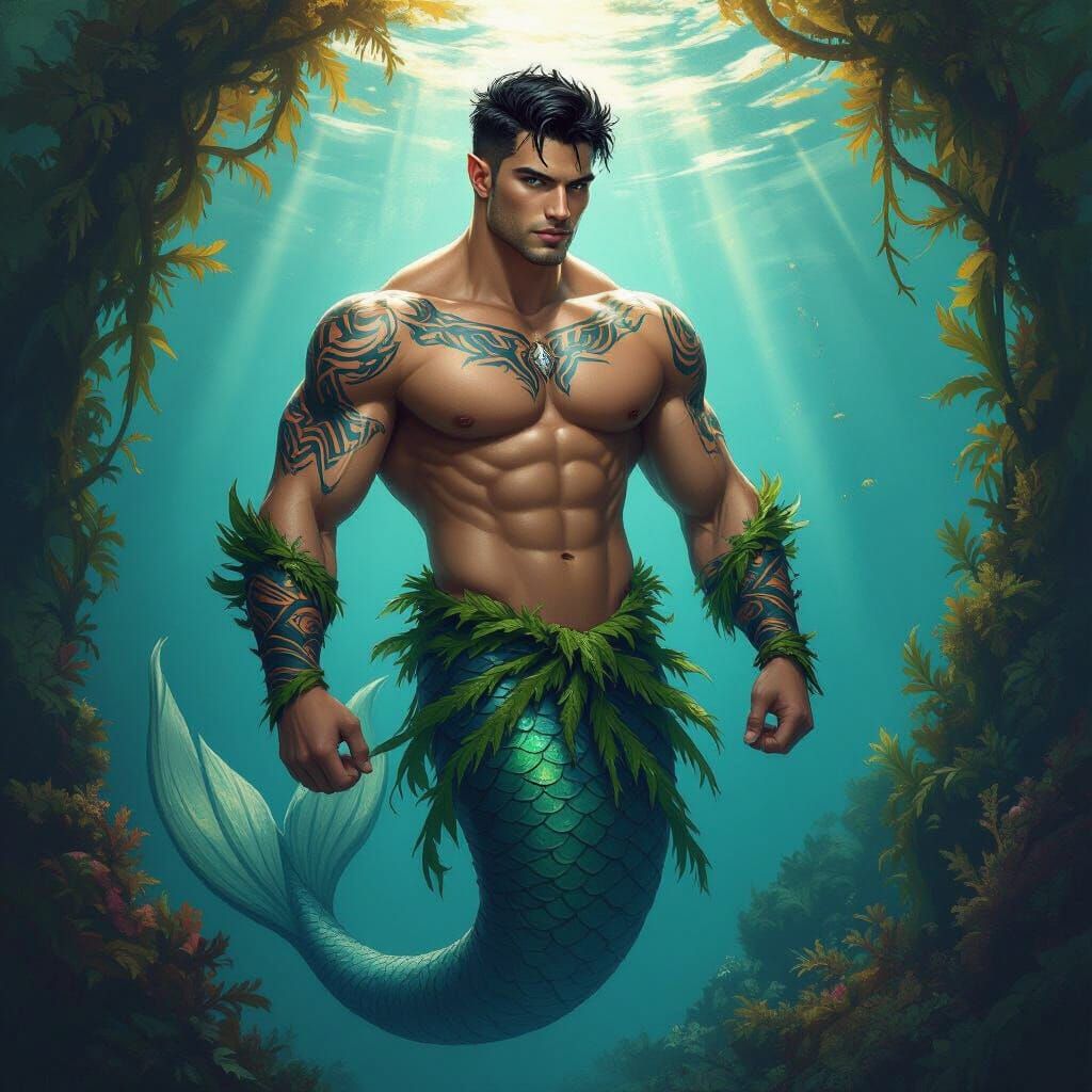 Merman Emerges from Kelp Forest in Vibrant Art Style