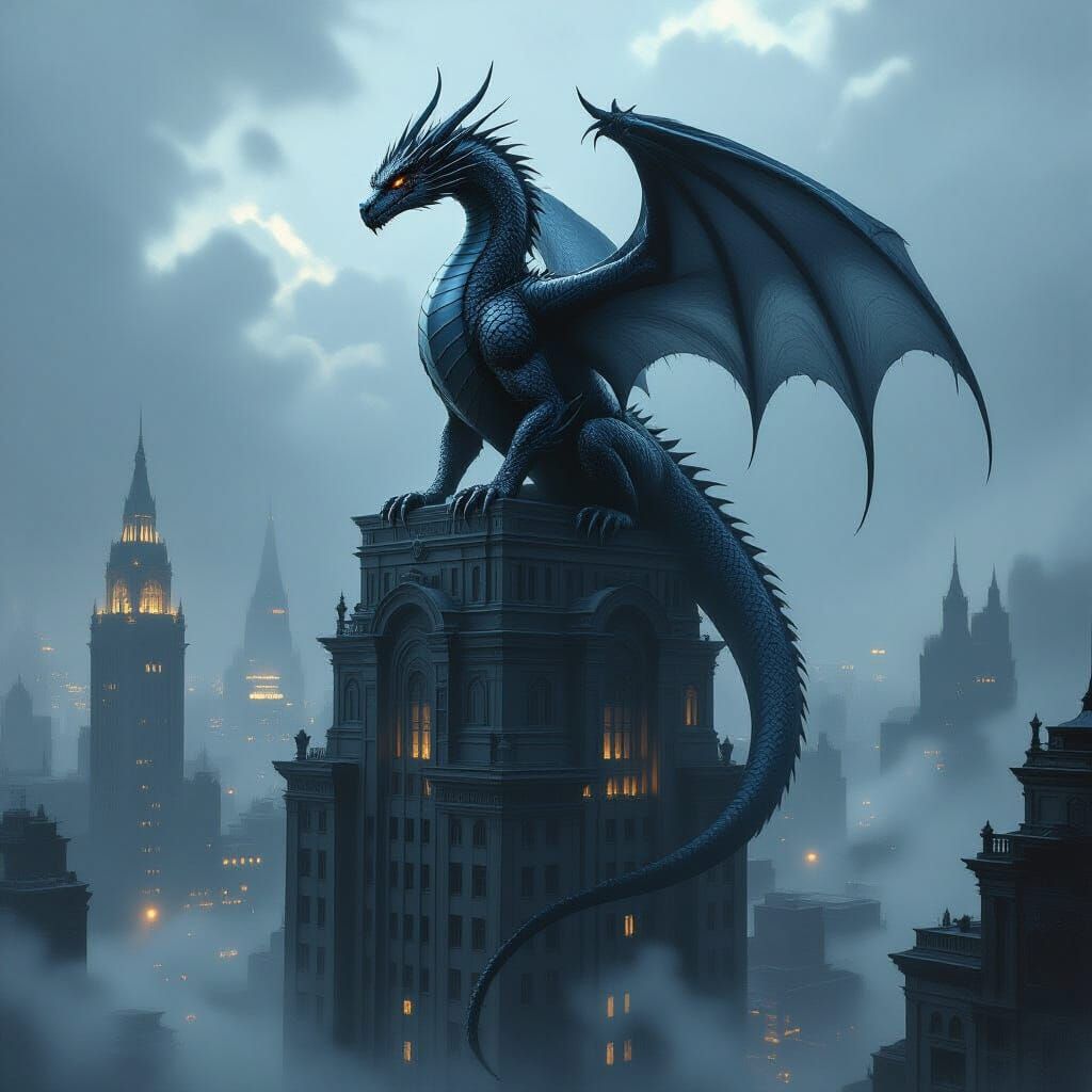 Obsidian Dragon on Art Deco Skyscraper in Misty Metropolis