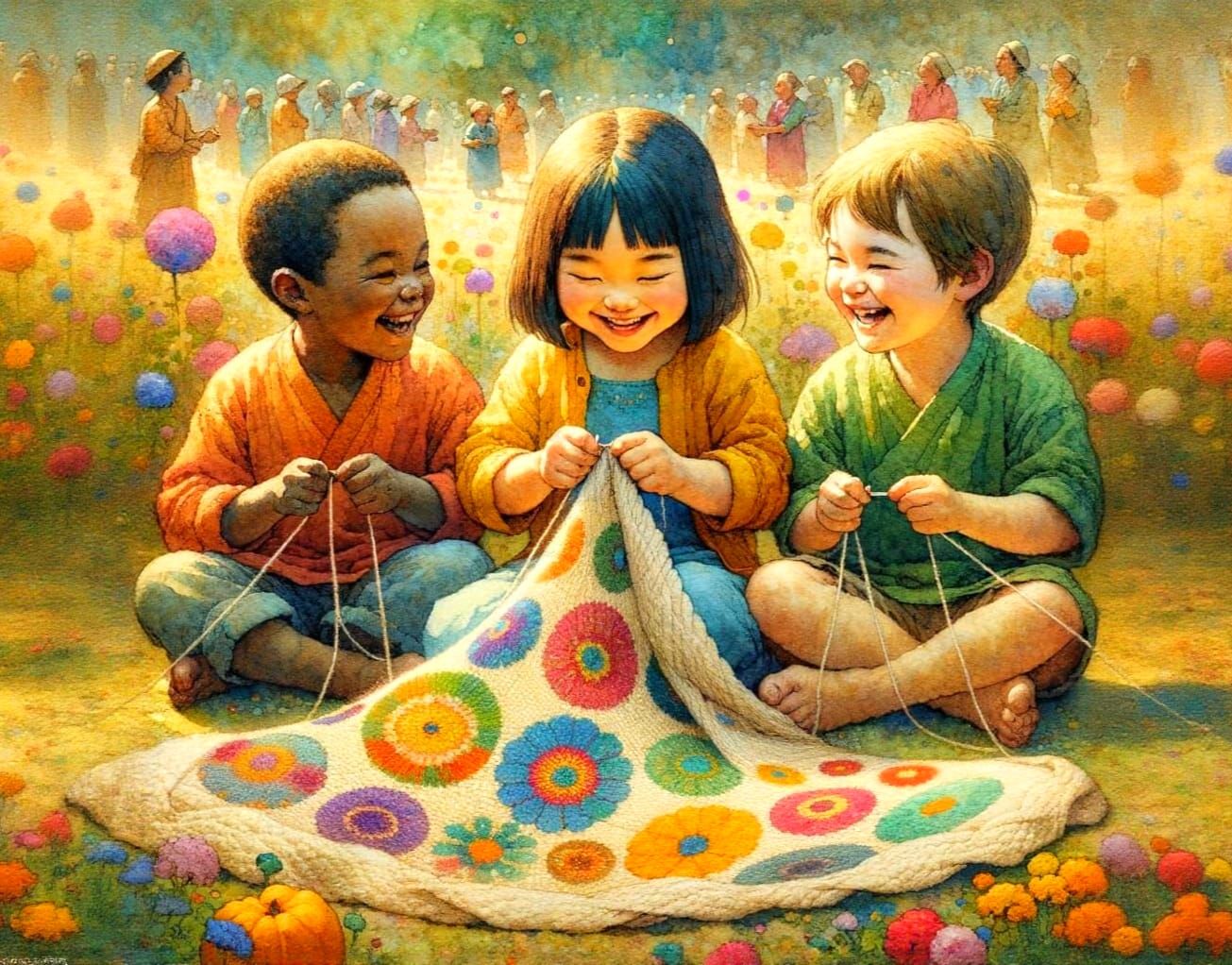 Children of Diverse Backgrounds Knitting Together Joyfully