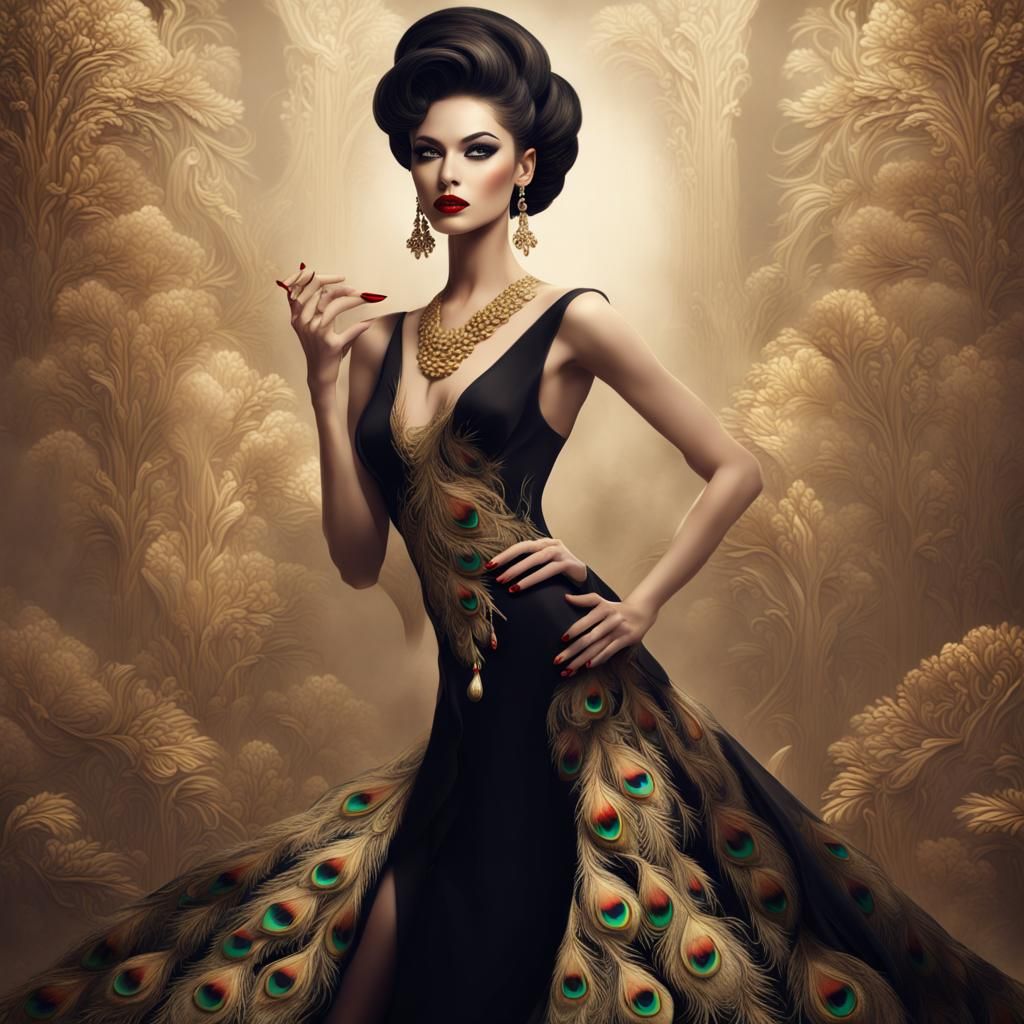 Elegant Woman in Peacock Dress: Digital Art