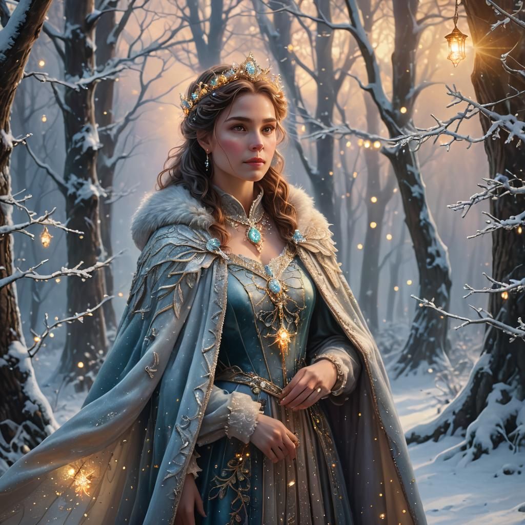 Ethereal Queen in Snowy Forest with Fairy Lights