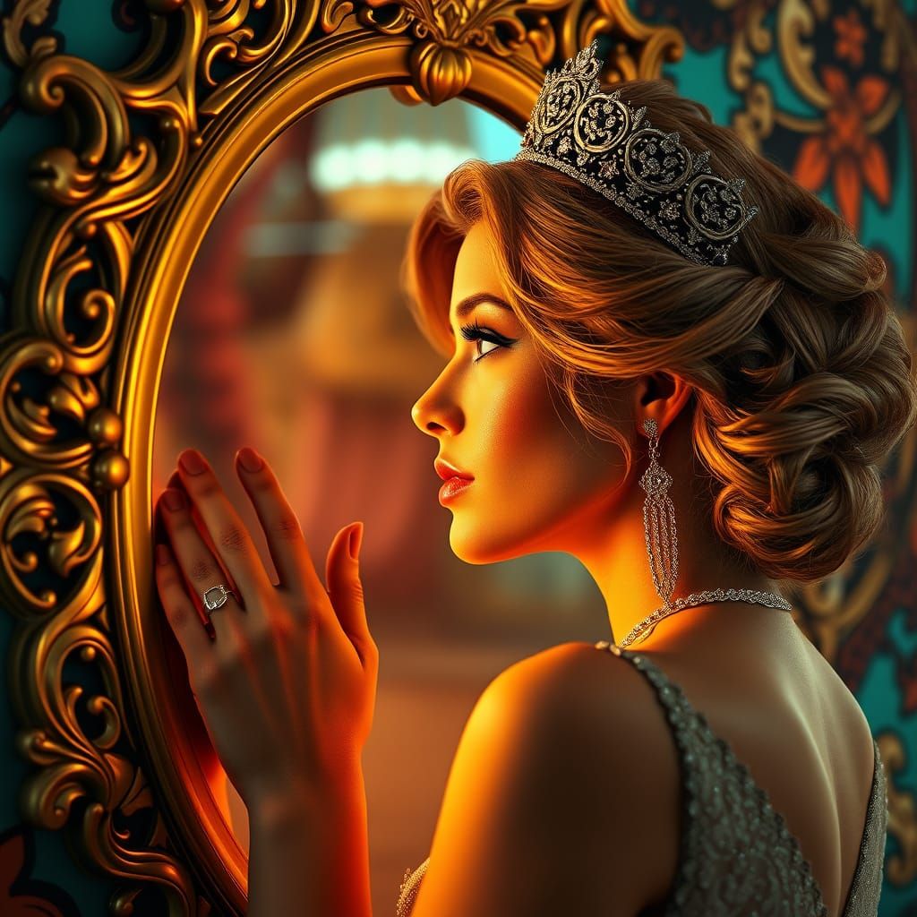 Elegant Regal Woman in Gilded Mirror, Hyper-Realistic Concep...