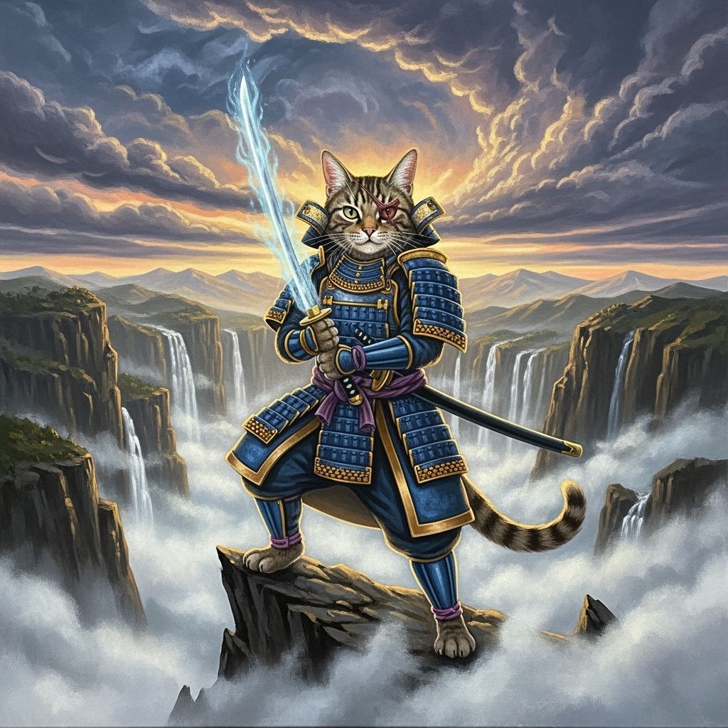 Samurai Tabby Cat on Mountain Peak in Acrylic Painting