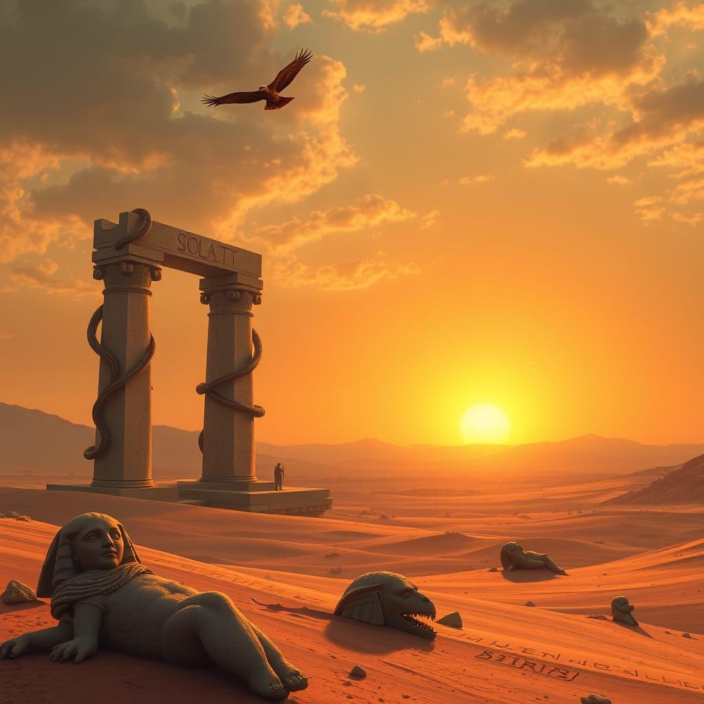 Desert Pillars and Soaring Hawk at Sunset